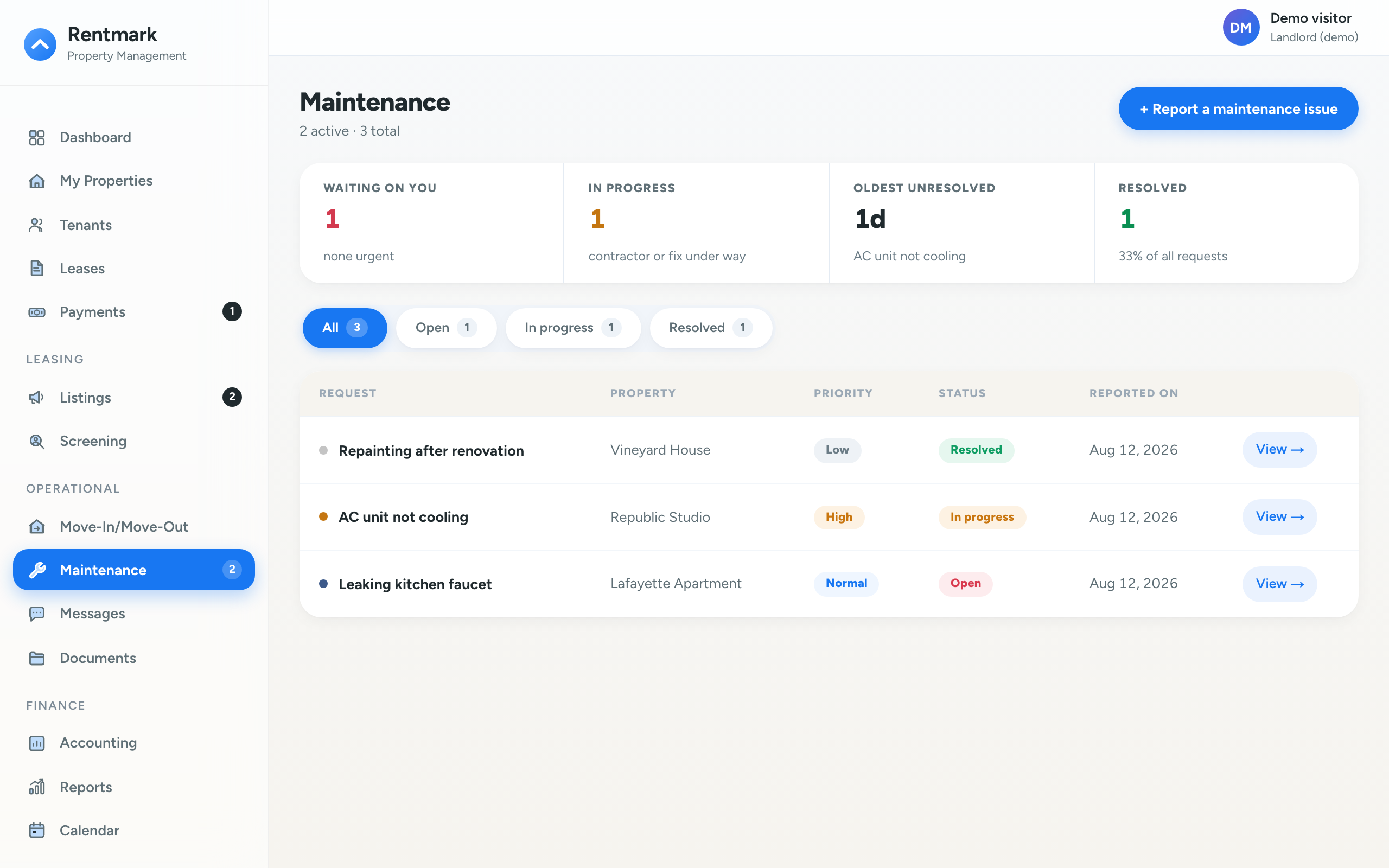 Rentmark incidents list with priority and status badges