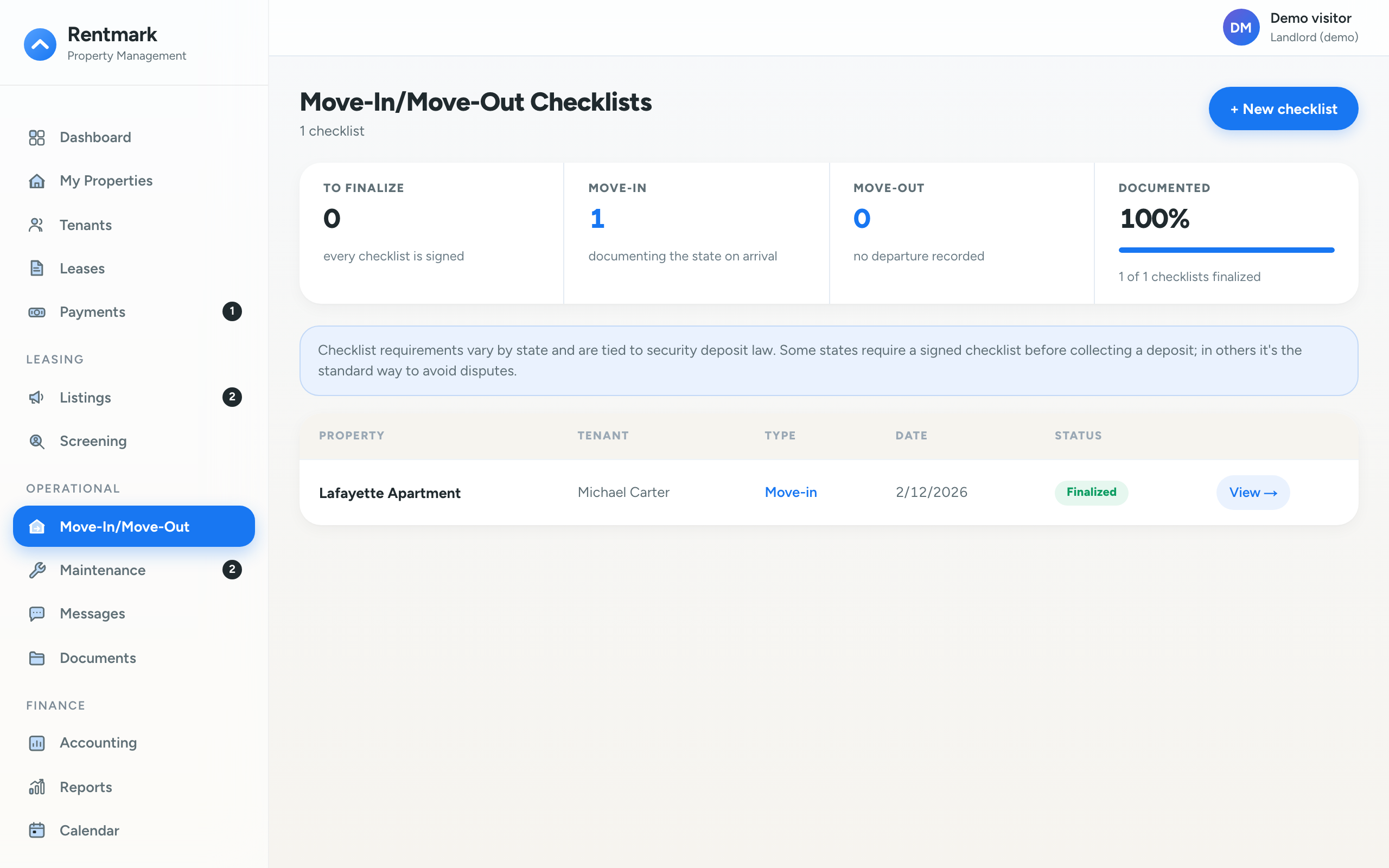 Rentmark move-in inspection checklist with room-by-room condition